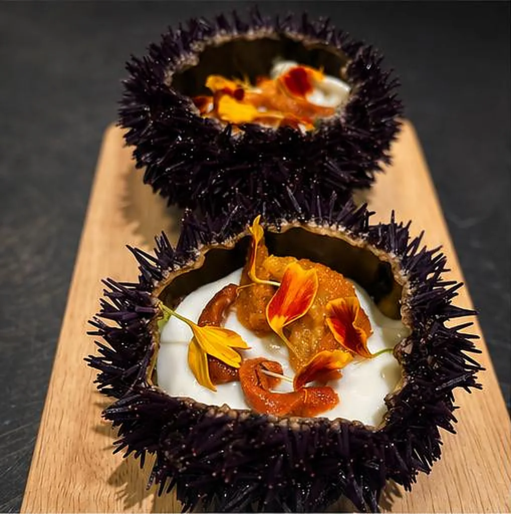 Oursins garnis de crème et fleurs comestibles, entrée iodée du chef Raphaël Rolland — Les Temps Gourmands, traiteur gastronomique à Pont-l'Abbé (Pays Bigouden, Finistère)