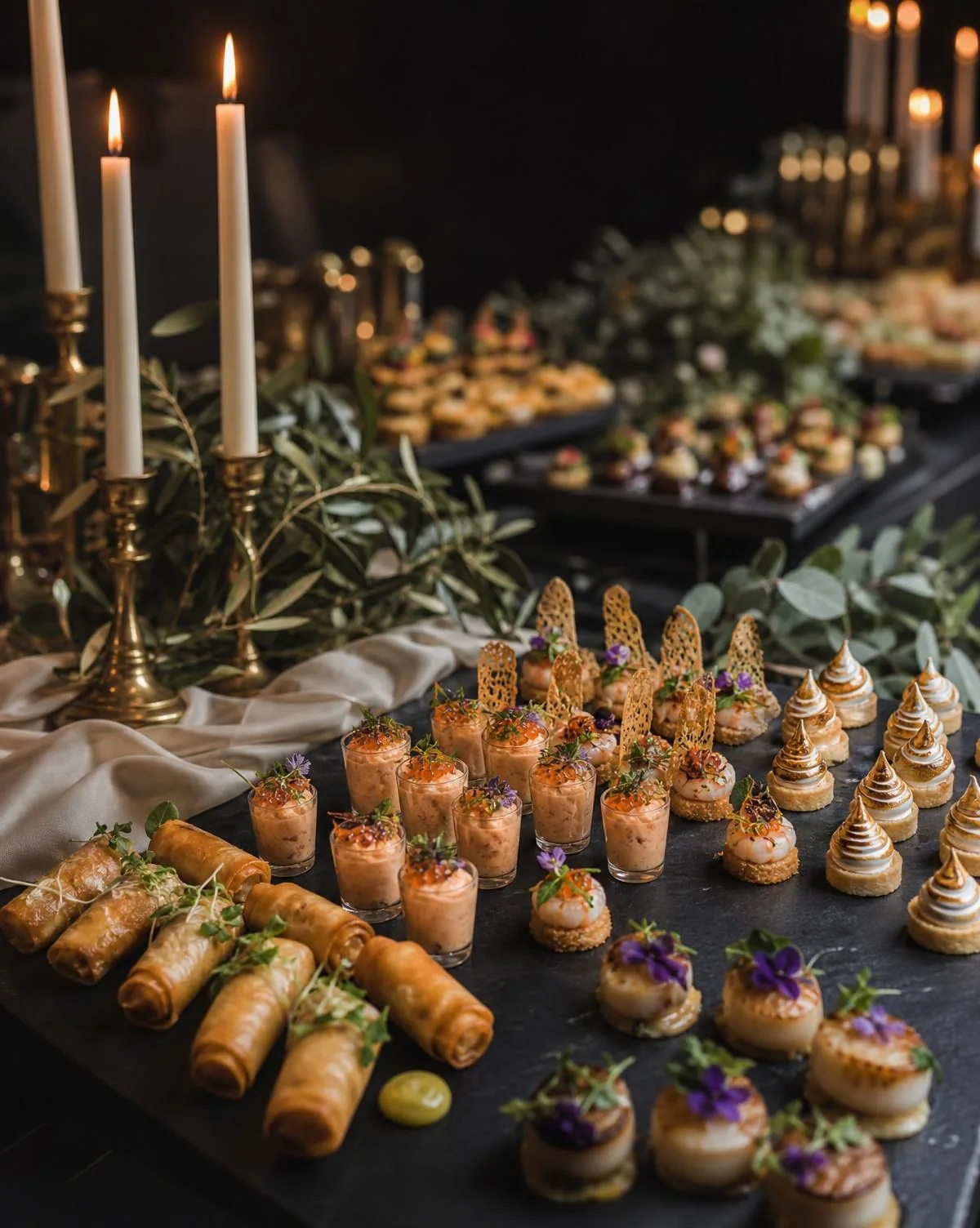 Buffet de réception aux chandelles avec canapés gastronomiques dressé par le traiteur Les Temps Gourmands à Pont-l'Abbé, Pays Bigouden