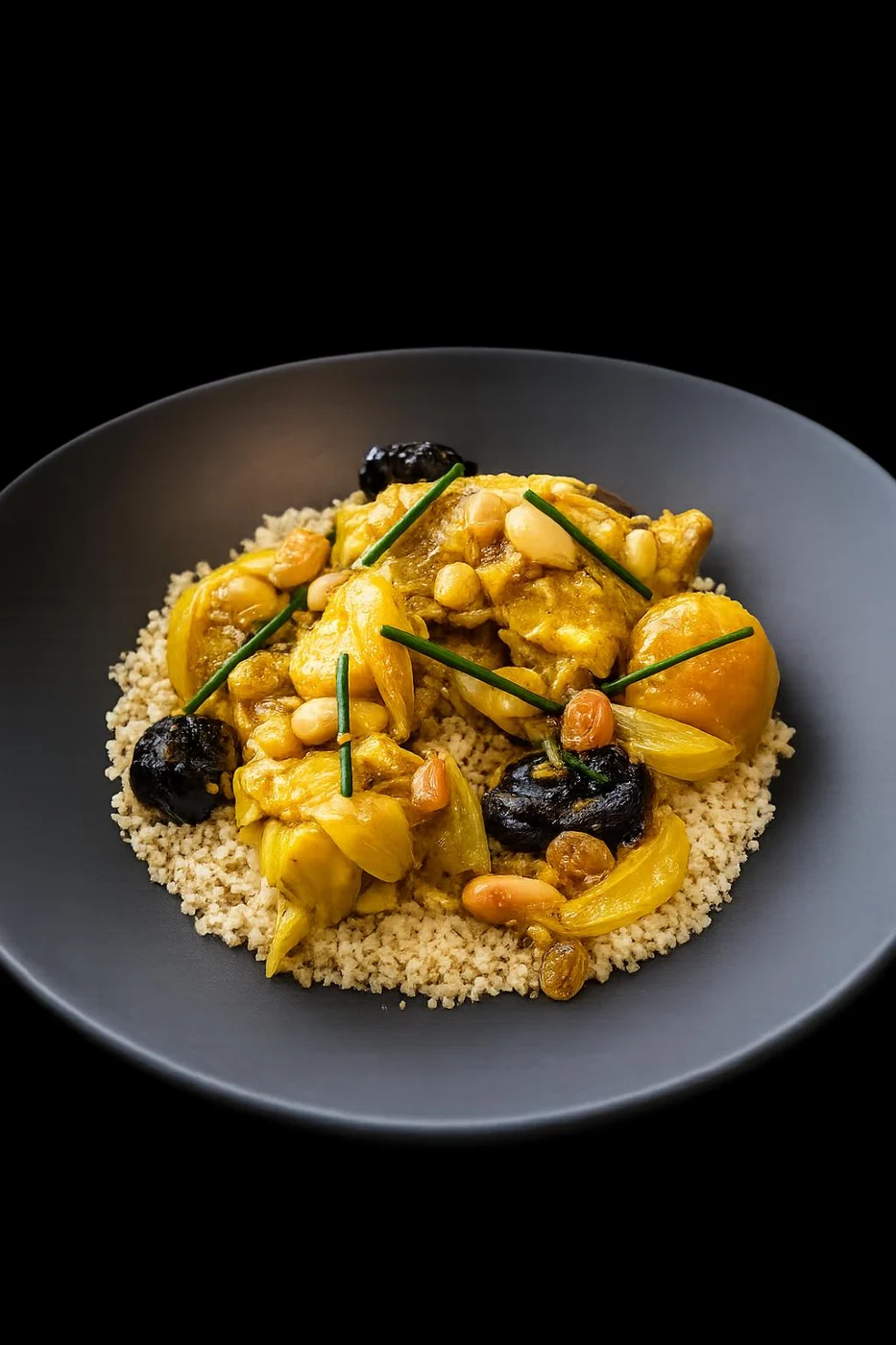 Formule du moment : tajine de volaille au safran, semoule, abricots et amandes — plat du jour à emporter chez Les Temps Gourmands, traiteur à Pont-l'Abbé (Pays Bigouden, Finistère Sud)