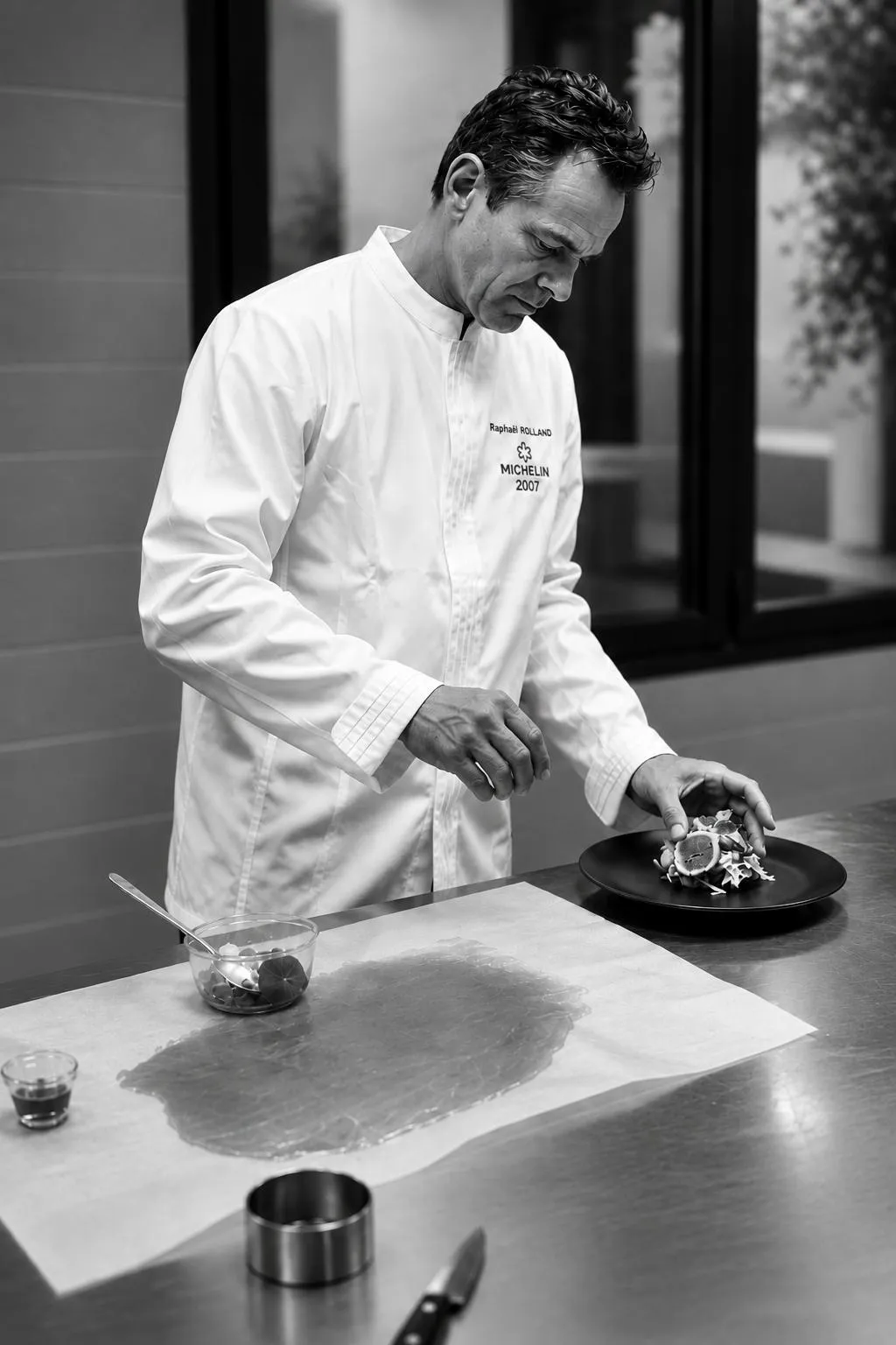 Le chef Raphaël Rolland, veste Michelin 2007, dresse une assiette en cuisine — coulisses des Temps Gourmands, traiteur gastronomique à Pont-l'Abbé (Pays Bigouden, Finistère)