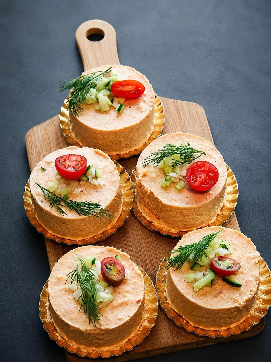 Buffet froid : mousses de saumon à l'aneth et légumes croquants, préparées par Les Temps Gourmands, traiteur gastronomique à Pont-l'Abbé (Pays Bigouden, Finistère)