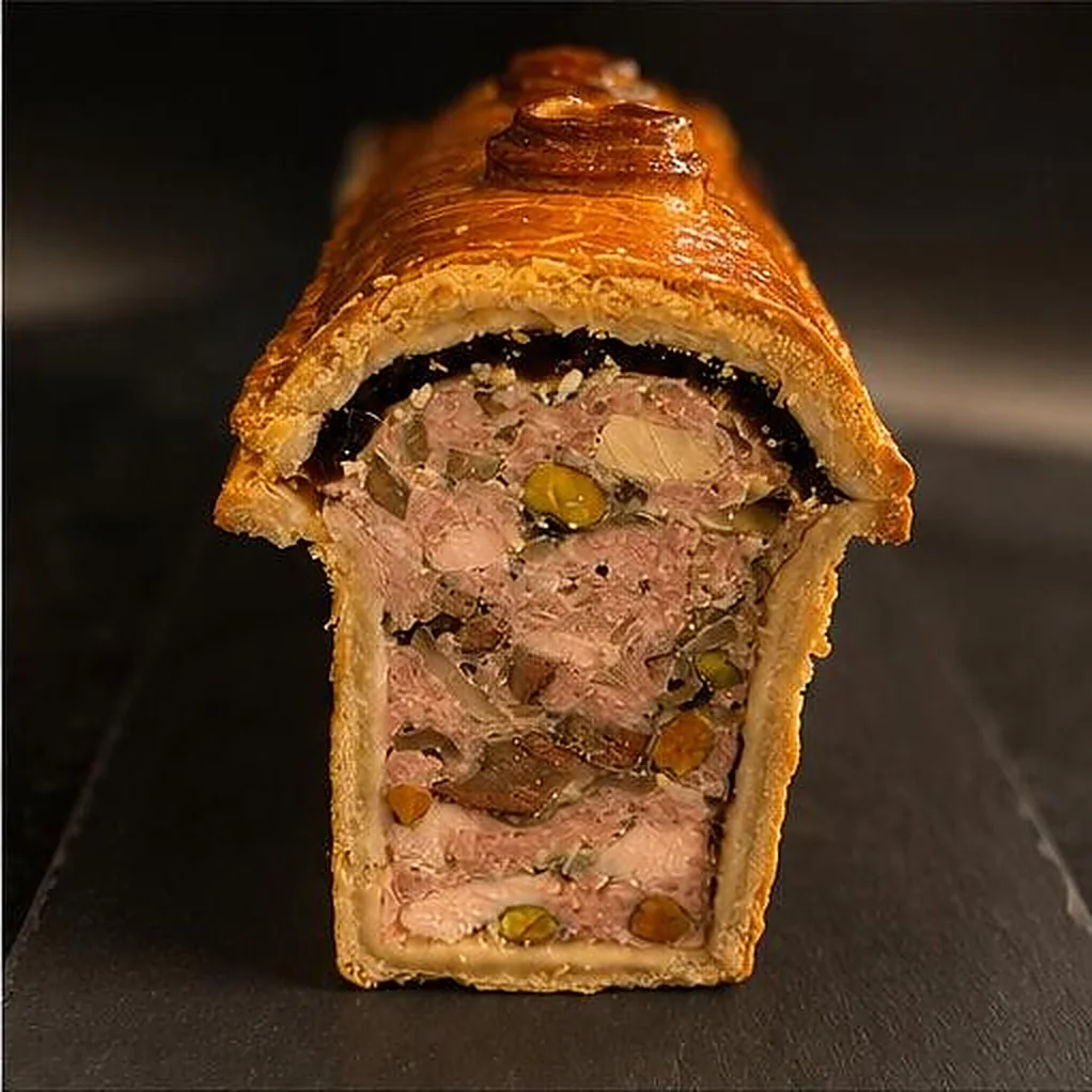 Pâté en croûte maison aux pistaches et gelée, entrée charcutière du traiteur gastronomique Les Temps Gourmands à Pont-l'Abbé