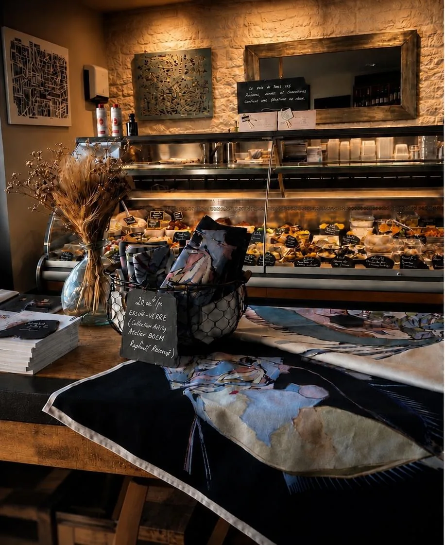 Vitrine réfrigérée et comptoir de la boutique Les Temps Gourmands : plats cuisinés, entrées et pièces apéritives à emporter, traiteur rue Jean Jaurès à Pont-l'Abbé (Pays Bigouden, Finistère)